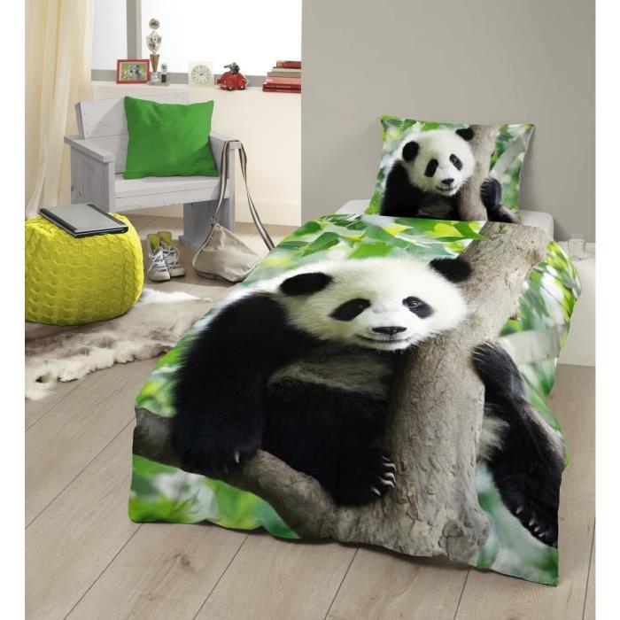 GOOD MORNING Parure de Couette Panda - 1 housse de couette 140x200 cm + 1 taie 60x70 cm noir, blanc et vert