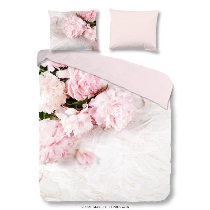 PURE Parure de couette Microfibre Marble Peonies  - 1 housse de couette 140x200cm + 1 taie 60x70cm - Rose