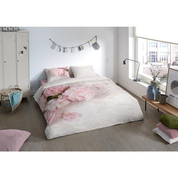 PURE Parure de couette Microfibre Marble Peonies  - 1 housse de couette 140x200cm + 1 taie 60x70cm - Rose