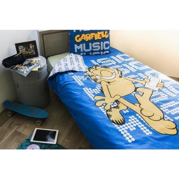 Parure de couette Garfield 100% coton - 1 housse de couette 140x200 cm + 1 taie d'oreiller 63x63 cm bleu et orange