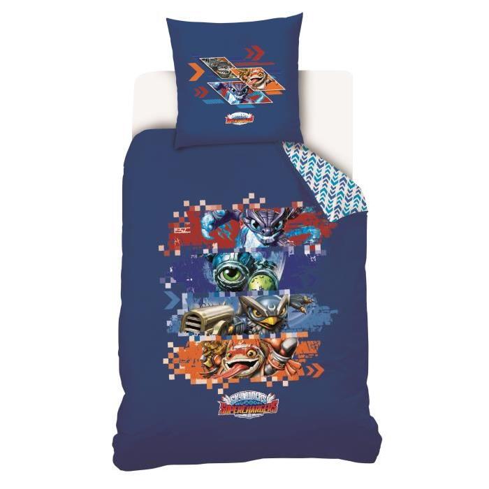 Parure de couette skylanders 100% coton - 1 housse de couette 140x200 cm + 1 taie d'oreiller 63x63 cm marine, rouge et orange