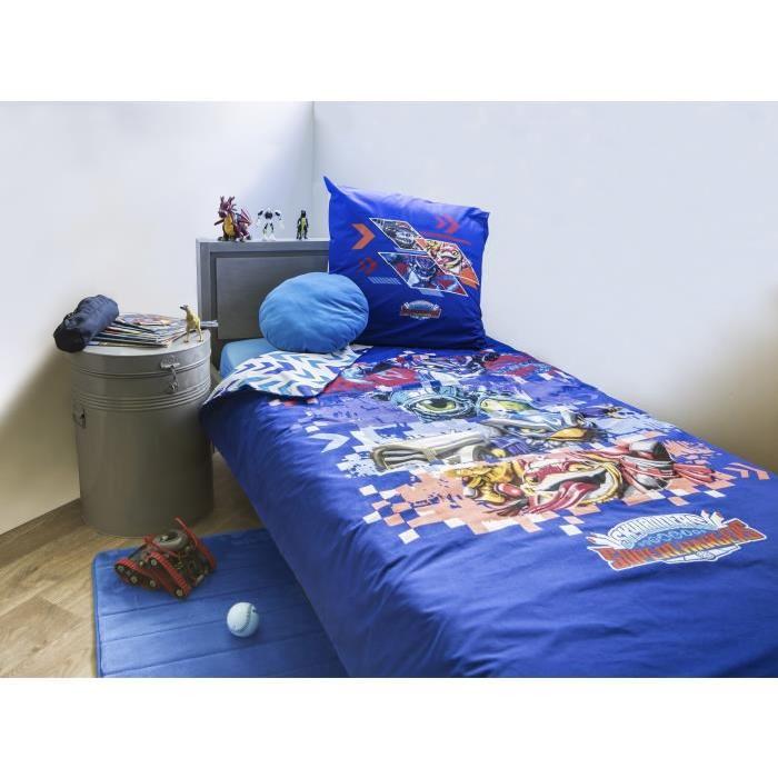 Parure de couette skylanders 100% coton - 1 housse de couette 140x200 cm + 1 taie d'oreiller 63x63 cm marine, rouge et orange