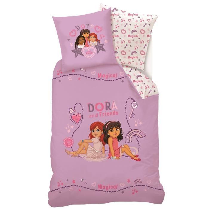 DORA & FRIENDS Parure de couette réversible 100% Coton - 1 housse de couette 140x200 cm + 1 taie d'oreiller 63x63 cm rose