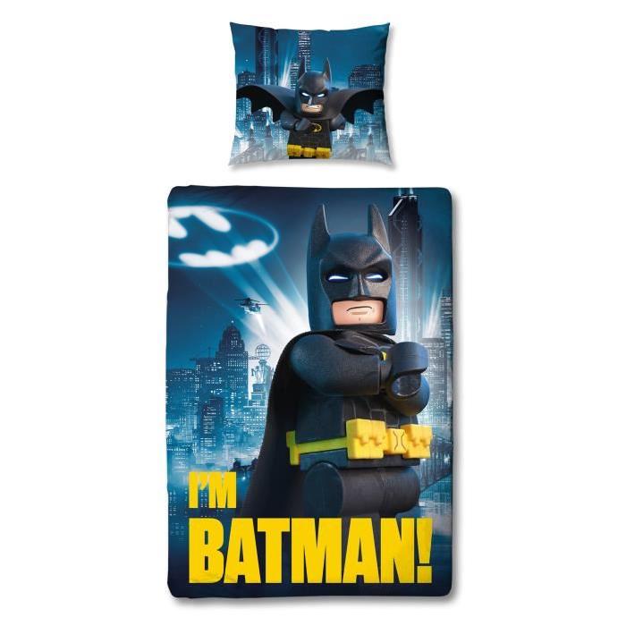 Parure de couette 100% Coton LEGO BATMAN - 1 housse de couette 140x200 cm + 1 Taie d'oreiller 63x63 cm bleu, gris et jaune