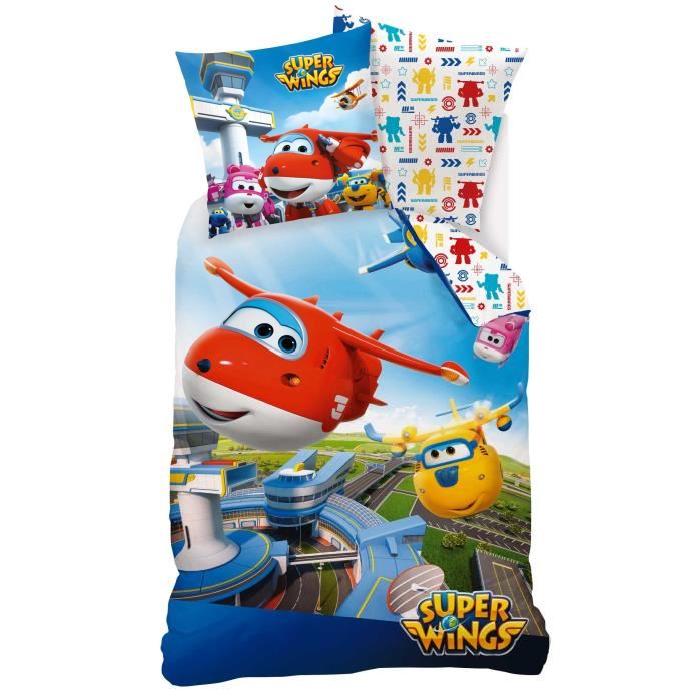 Parure de couette SUPERWINGS 100% coton - une housse de couette 140x200cm + une taie d'oreiller en 63x63cm rouge et bleu