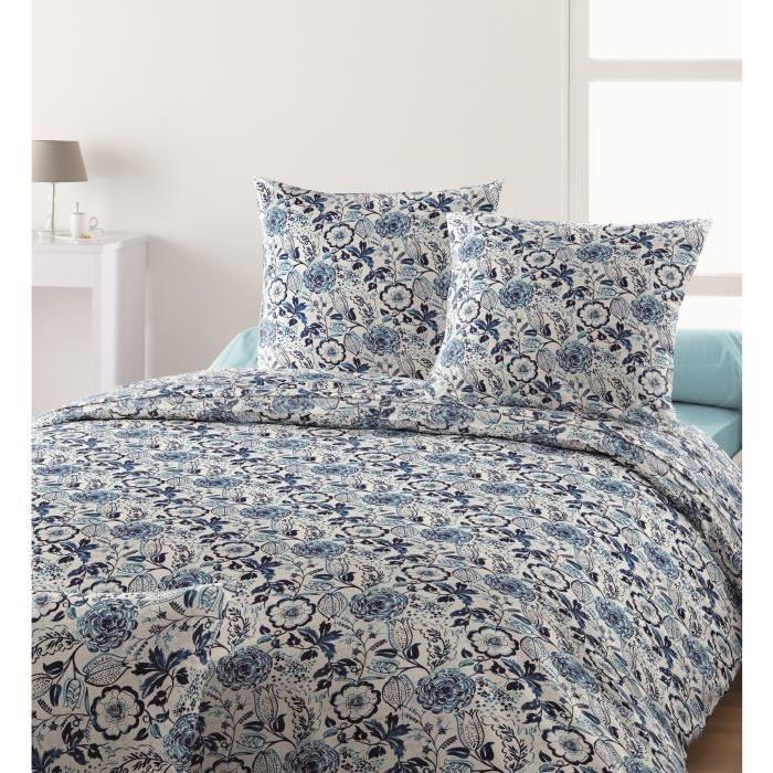 SANTENS Parure de Couette Coton KENZIA 220x240 cm + 2 taies 63x63 cm - Bleu