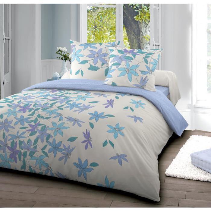 SANTENS Parure de Couette Réversible Coton CLEMATITE 240x260 cm + 2 taies 63x63 cm - Bleu