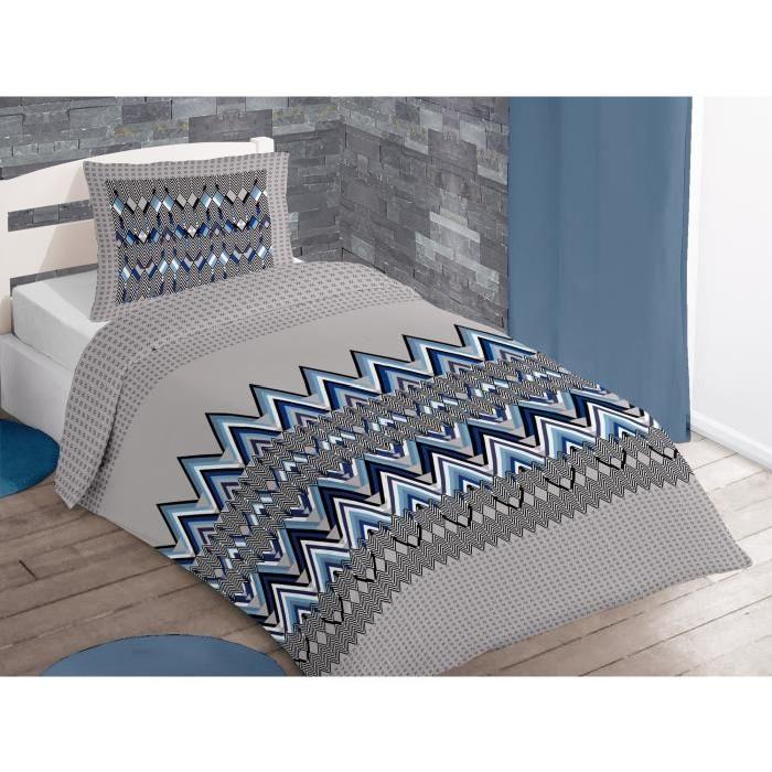 SOLEIL D'OCRE Parure de couette Arrow 100% coton - 1 housse de couette 140x200 cm + 1 taie d'oreiller 63x63 cm bleu, gris et