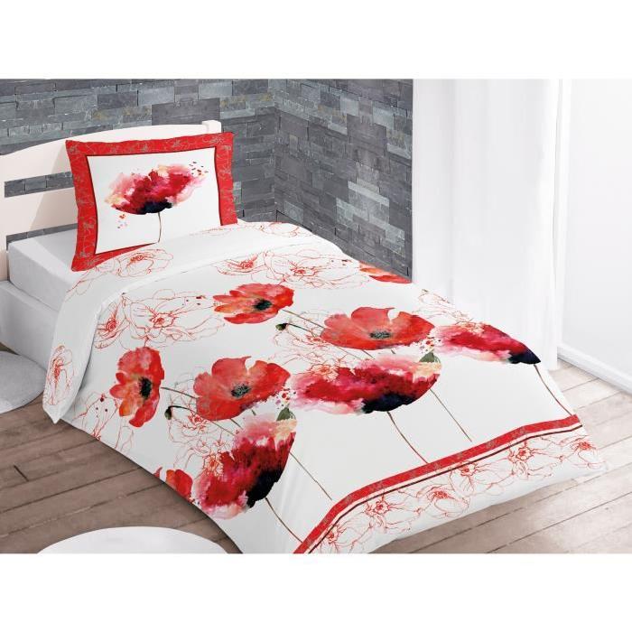 SOLEIL D'OCRE Parure de couette 100% coton COQUELICOT - 1 housse de couette 140x200 cm + 1 taie d'oreiller 63x63 cm blanc