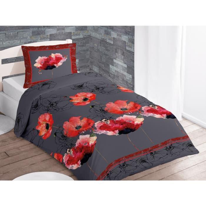 SOLEIL D'OCRE Parure de couette 100% coton COQUELICOT - 1 housse de couette 140x200 cm + 1 taie d'oreiller 63x63 cm gris