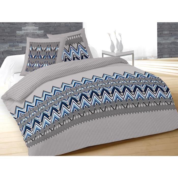 SOLEIL D'OCRE Parure de couette Arrow 100% coton - 1 housse de couette 220x240 cm + 2 taies d'oreiller 63x63 cm bleu, gris et