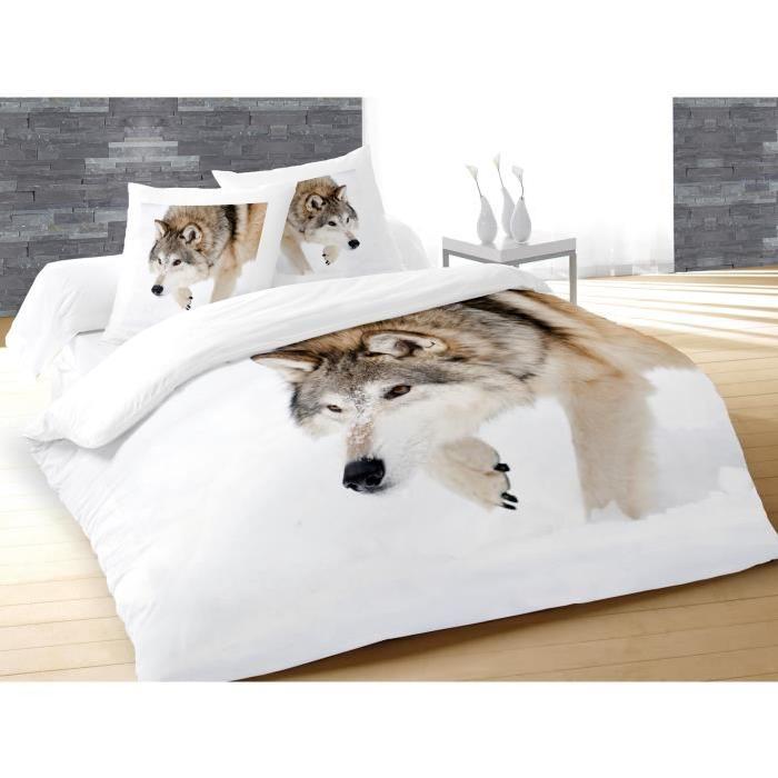 SOLEIL D'OCRE Parure de couette Wolf 100% coton effet 3D - 1 housse de couette 220x240 cm + 2 taies 63x63 cm blanc et marron