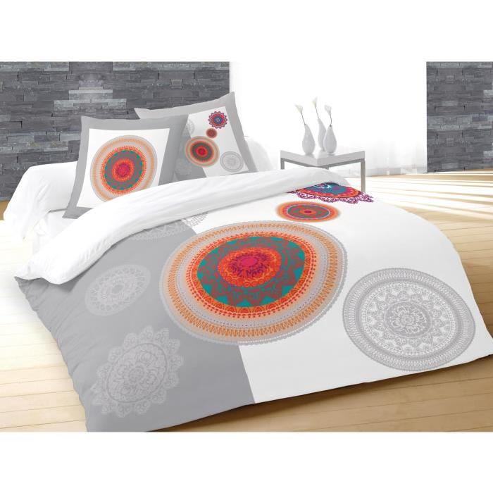 SOLEIL D'OCRE Parure de couette Fantasy - 1 housse de couette 220x240 cm + 2 taies d'oreiller 63x63 cm blanc, gris et orange