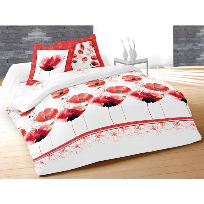 SOLEIL D'OCRE Parure de couette 100% coton COQUELICOT - 1 housse de couette 220x240 cm + 2 taies d'oreillers 63x63 cm blanc