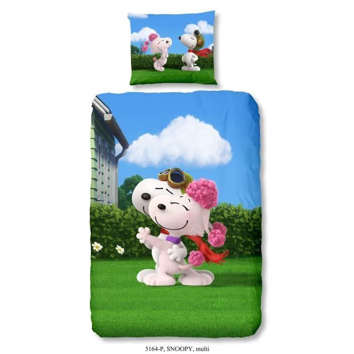 SNOOPY Parure de couette 100% coton - 1 housse de couette 140x200 cm + 1 taie d'oreiller 60x70 cm bleu et vert