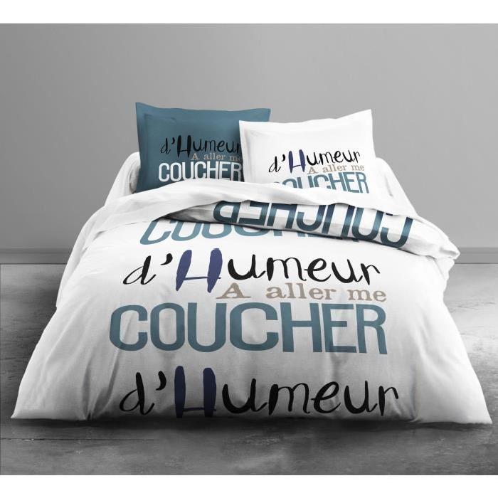 TODAY Parure de couette Enjoy HUMEUR NOCTURNE 100% coton - 1 housse de couette 220x240 cm + 2 taies 63x63 cm blanc et bleu