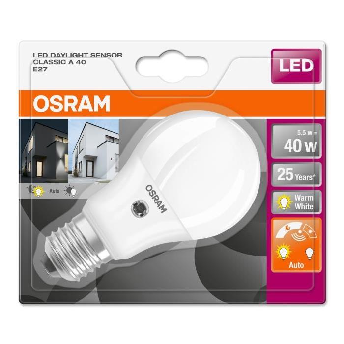 OSRAM Ampoule LED Star + Daylight Sensor E27 standard 5,5 W équivalent a 40 W blanc chaud ou froid