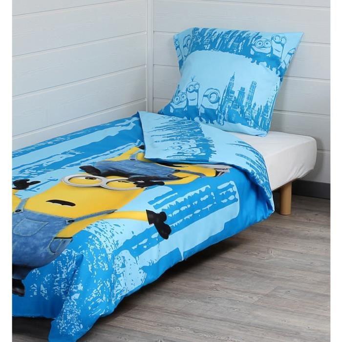 LES MINIONS Parure de couette - 1 housse de couette 140x200 cm + 1 taie d'oreiller 60x70 cm bleu