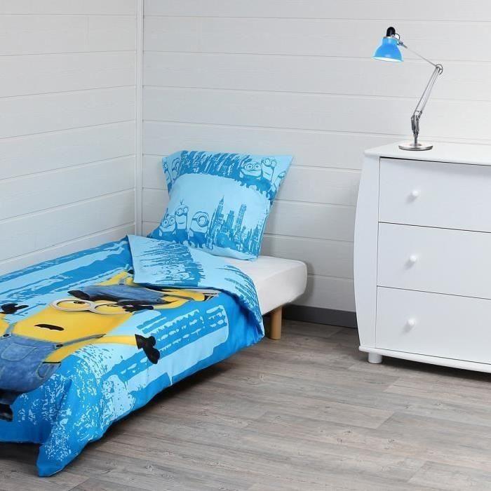 LES MINIONS Parure de couette - 1 housse de couette 140x200 cm + 1 taie d'oreiller 60x70 cm bleu