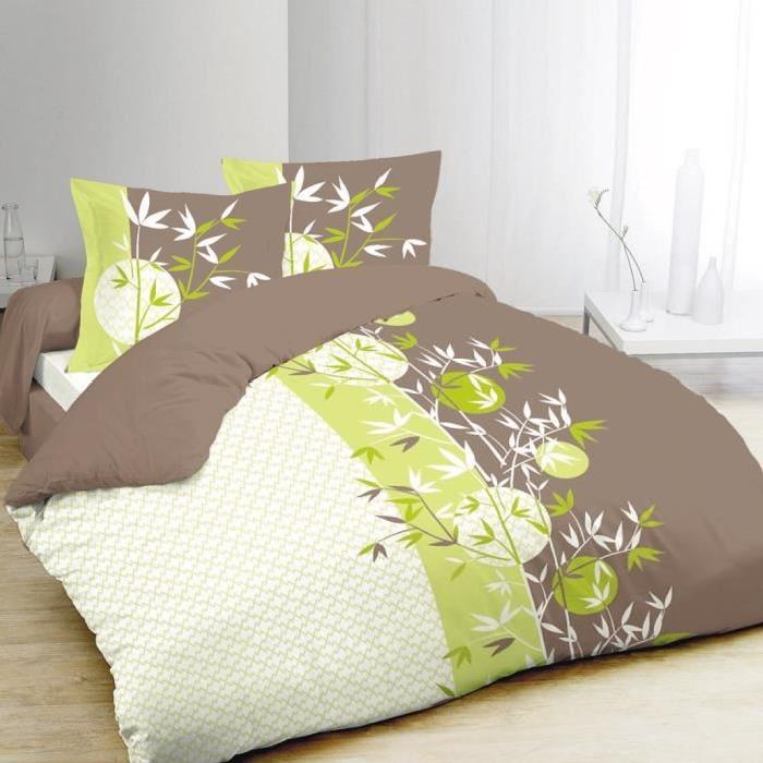 VISION Parure de couette ZENYA 100% coton - 1 housse de couette 240x260 cm + 2 taies 65x65 cm marron, blanc et vert