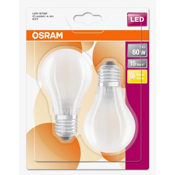 OSRAM Lot de 2 Ampoules LED E27 standard dépolie 7 W équivalent a 60 W blanc chaud