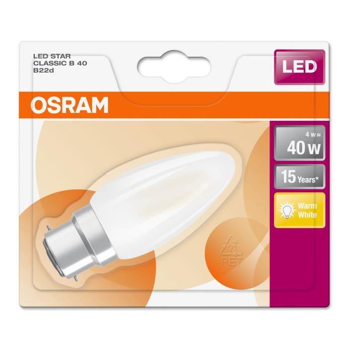 OSRAM Ampoule LED B22 flamme dépolie 4 W équivalent a 40 W blanc chaud