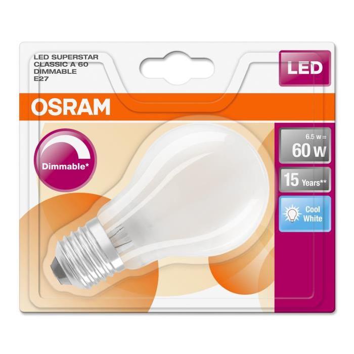 OSRAM Ampoule LED E27 standard dépolie 6,5 W équivalent a 60 W blanc froid dimmable variateur