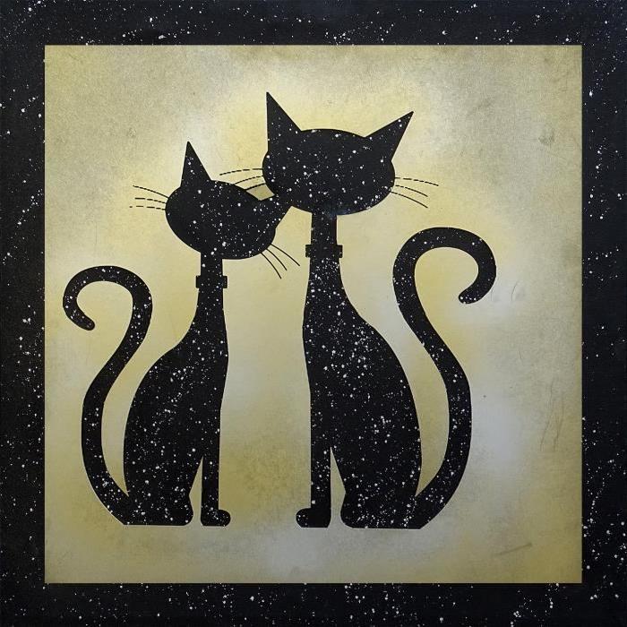 Tableau déco Toile peinte a la main 60x60 - Chats noir doré