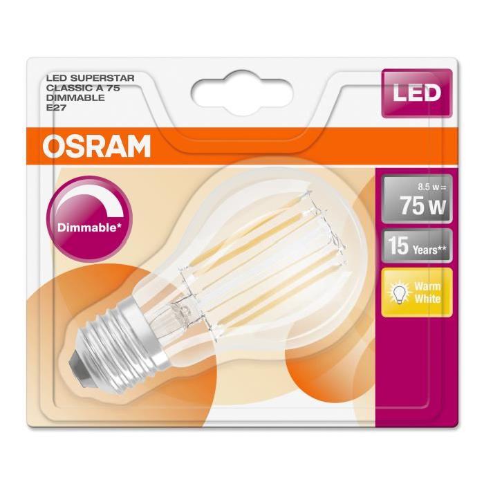 OSRAM Ampoule LED E27 standard claire 8,5 W équivalent a 75 W blanc chaud dimmable variateur