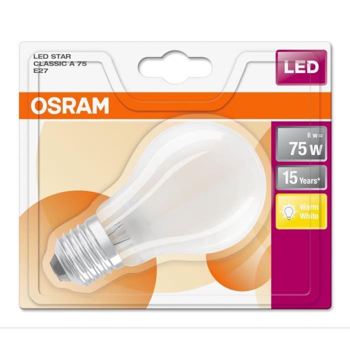 OSRAM Ampoule LED E27 standard dépolie 8 W équivalent a 75 W blanc chaud