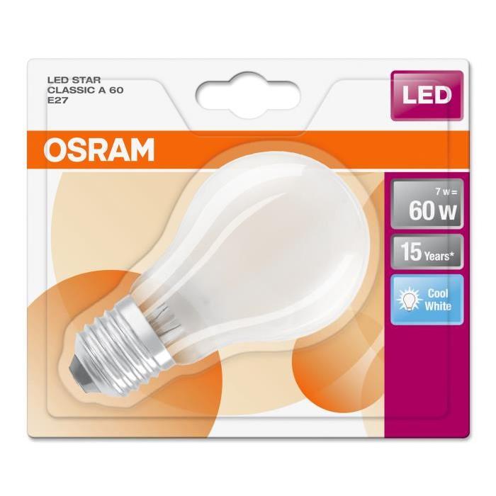 OSRAM Ampoule LED E27 standard dépolie 7 W équivalent a 60 W blanc froid