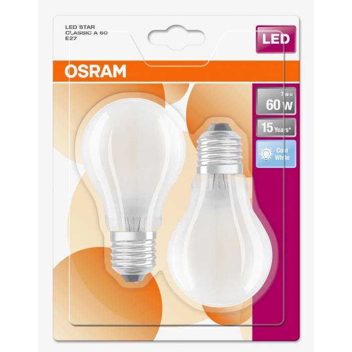 OSRAM Lot de 2 Ampoules LED E27 standard dépolie 7 W équivalent a 60 W blanc froid