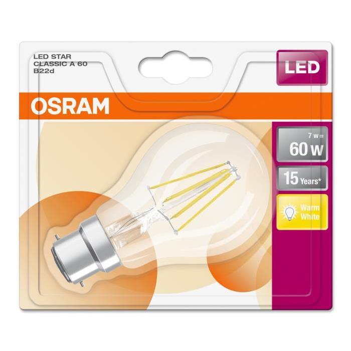 OSRAM Ampoule LED B22 standard claire 7 W équivalent a 60 W blanc chaud