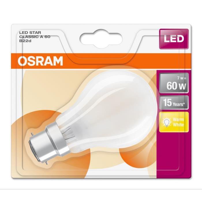 OSRAM Ampoule LED B22 standard dépolie 7 W équivalent a 60 W blanc chaud