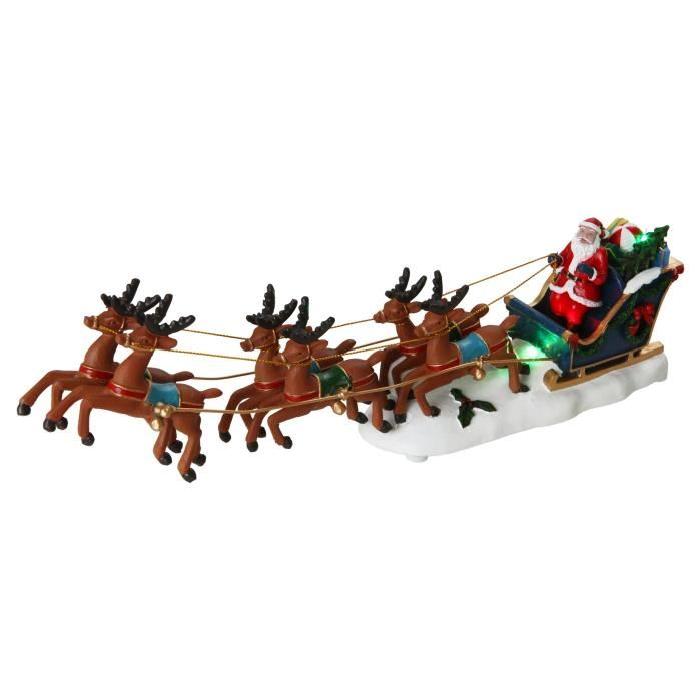 Personnage de Noël Pere Noël lumineux avec traineau + 6 Rennes de Noël H32 cm