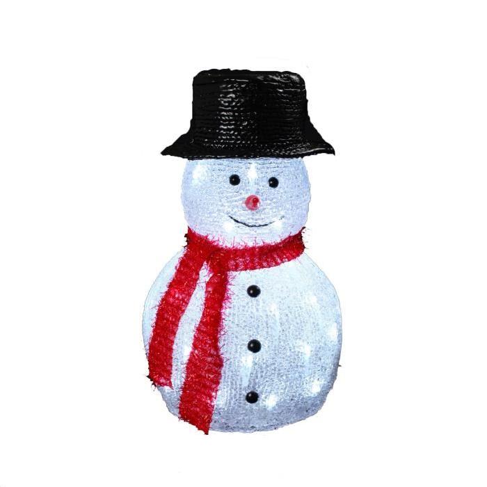 Figurine de Noël Bonhomme de neige lumineux avec chapeau Blanc H36 cm