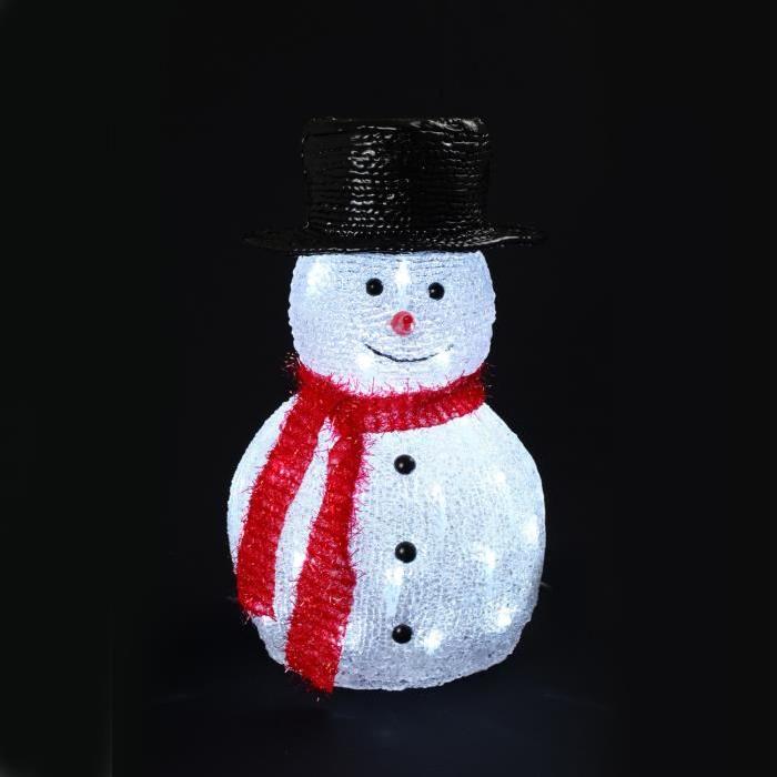 Figurine de Noël Bonhomme de neige lumineux avec chapeau Blanc H36 cm