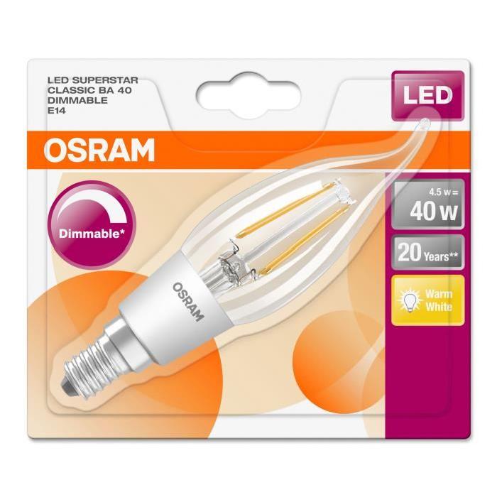 OSRAM Ampoule LED E14 flamme claire 4,5 W équivalent a 40 W blanc chaud dimmable variateur