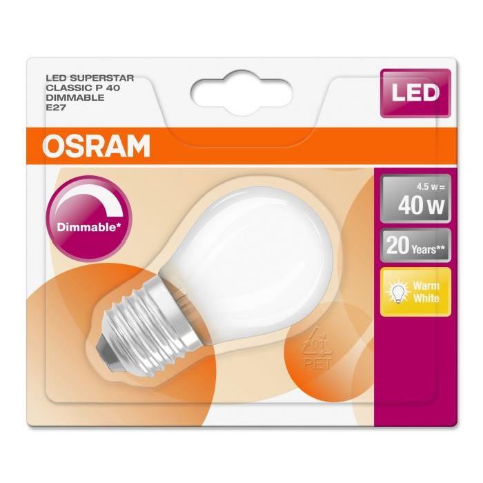 OSRAM Ampoule LED E27 sphérique dépolie 4,5 W équivalent a 40 W blanc chaud dimmable