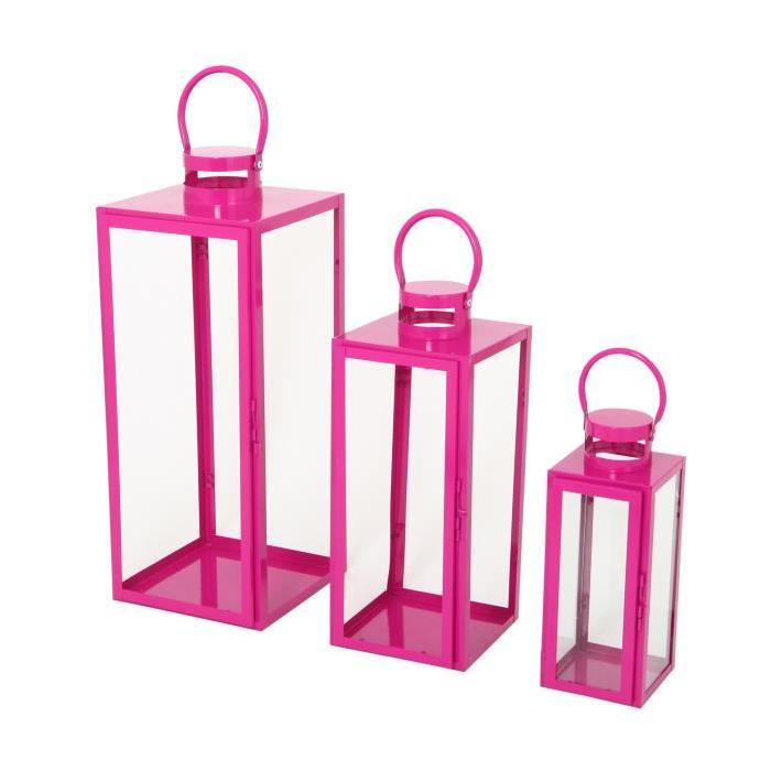 HOMEA Set de 3 lanternes en métal H30-41-54 cm fuchsia