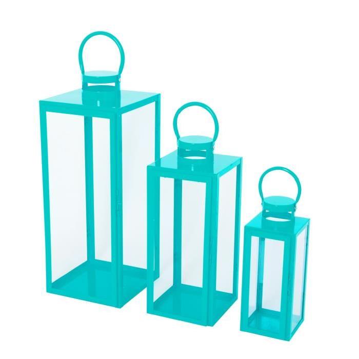 HOMEA Set de 3 lanternes en métal H30-41-54 cm turquoise