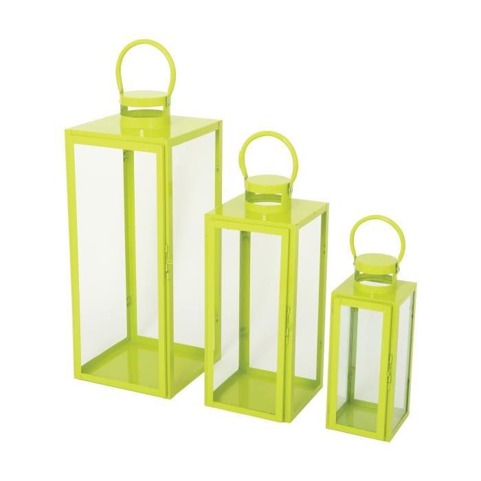 HOMEA Set de 3 lanternes en métal H30-41-54 cm vert anis