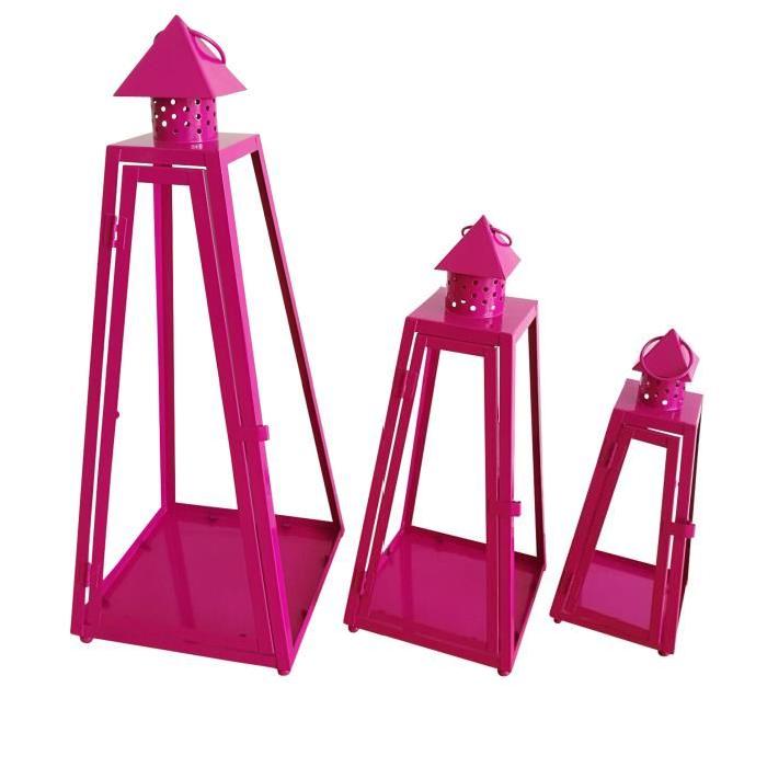 HOMEA Set de 3 lanternes pyramide en métal H30-40-55cm fuchsia