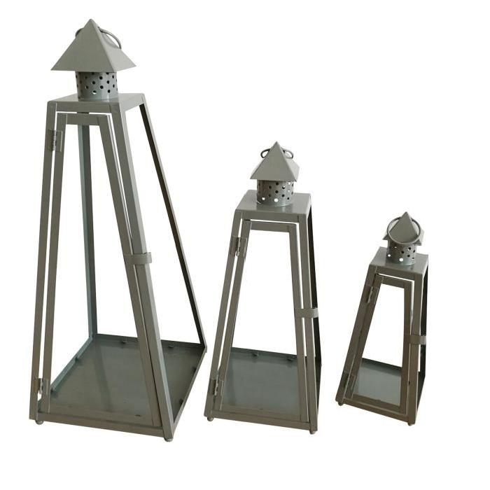 HOMEA Set de 3 lanternes pyramide en métal H30-40-55cm gris