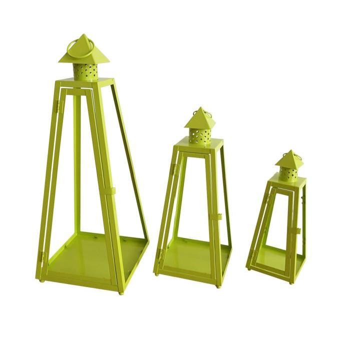 HOMEA Set de 3 lanternes pyramide en métal H30-40-55cm vert anis