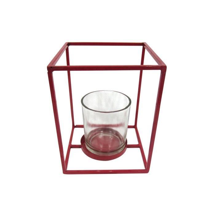 HOMEA Photophore en métal et verre 12x12xH15 cm rouge