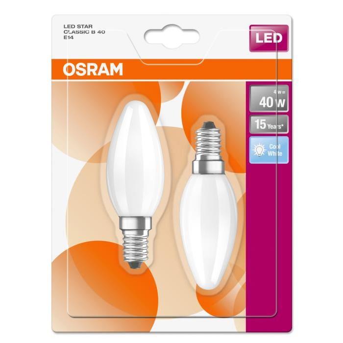 OSRAM Lot de 2 Ampoules LED E14 flamme dépolie 4 W équivalent a 40 W blanc froid