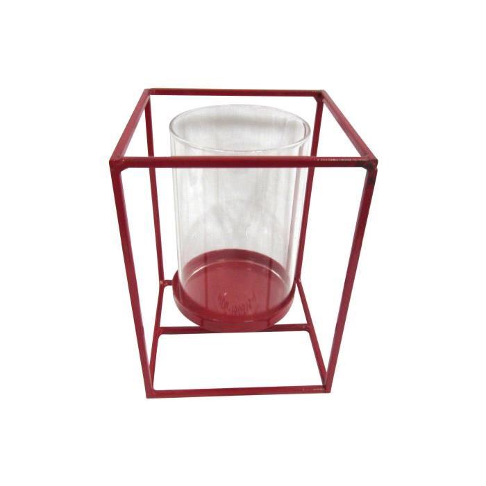 HOMEA Photophore en métal et verre 14x14xH19 cm rouge