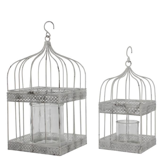 HOUSE OF SEASONS Set De 2 Cages Photophore Blanc  L20 x b20 x h42cm