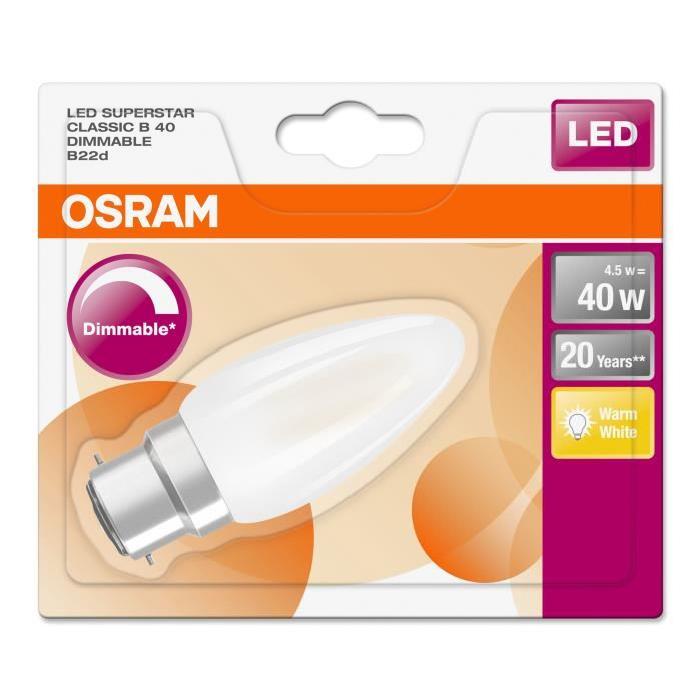 OSRAM Ampoule LED B22 flamme dépolie 4,5 W équivalent a 40 W blanc chaud dimmable variateur